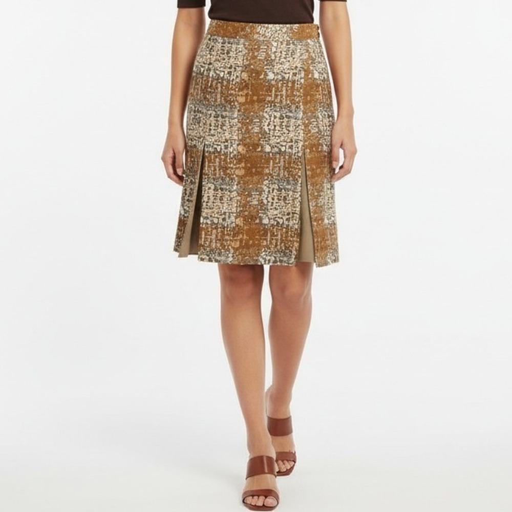 Tory Burch Womens Size 0 Wool Silk Blend Midi Skirt Abstract Print Pleated Slit
